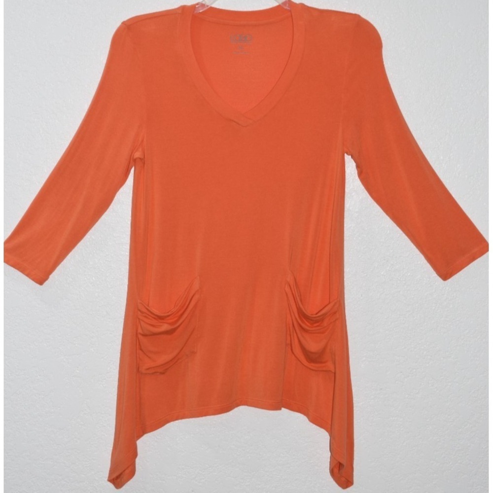 LOGO Lori Goldstein XS V-neck 3/4 Sleeve Sharkbite Long Tunic Top Slouch Pockets